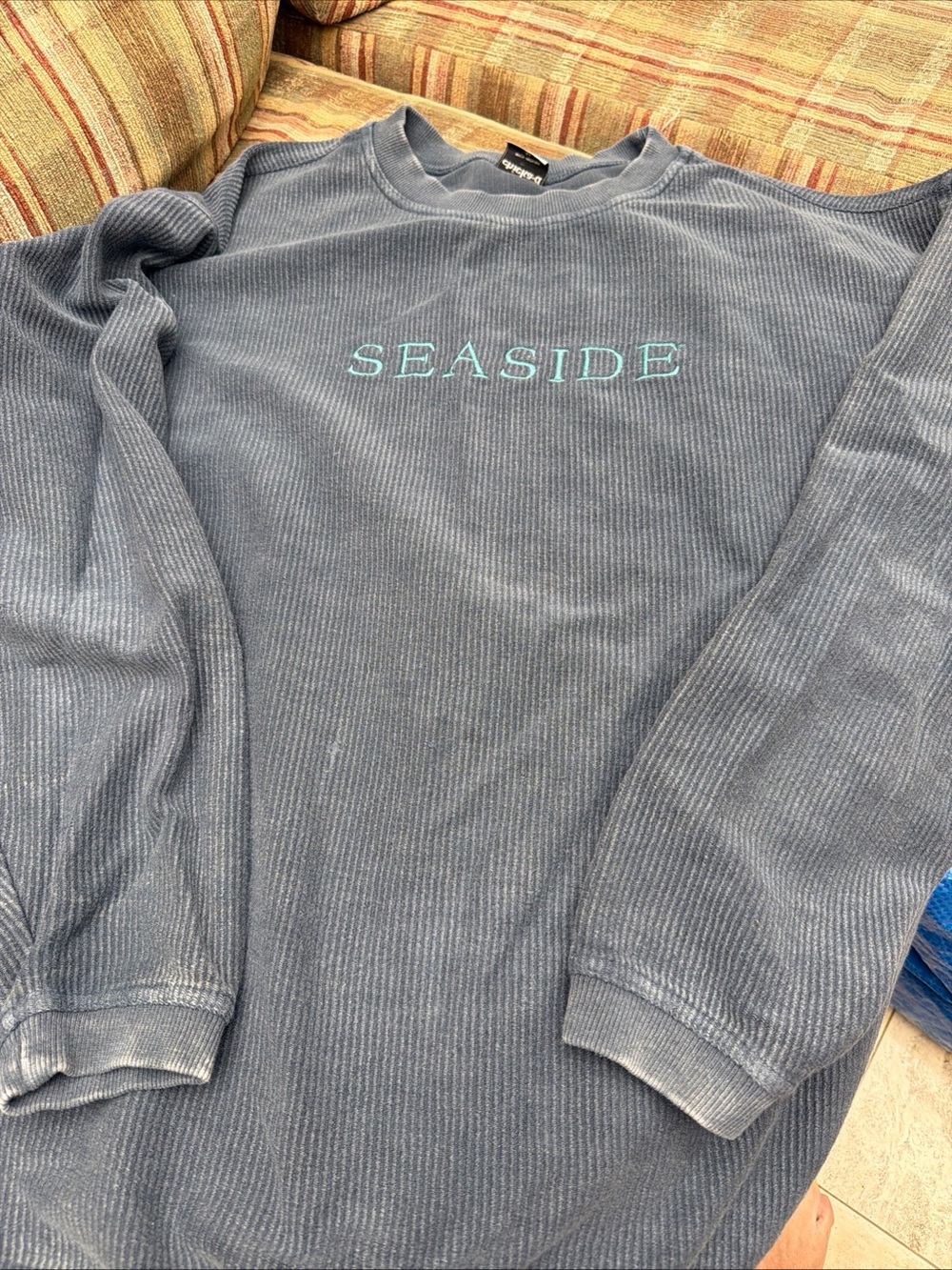 Seaside Embroidered Corduroy Crewneck Sweatshirt - Blue